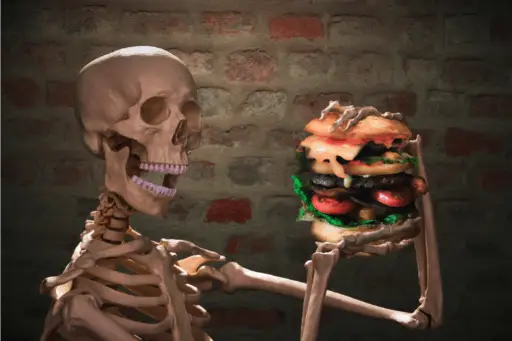 Human skeleton eating processed foods