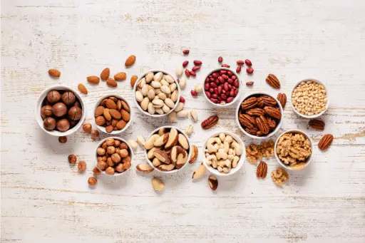 Nuts and seeds in bowls