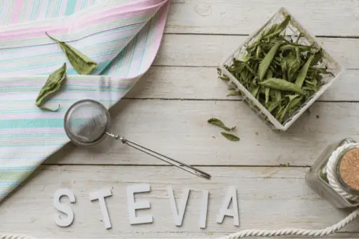 Stevia leaves in basket on wooden table